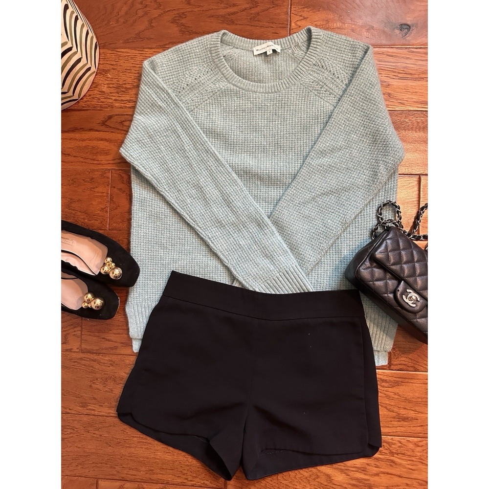 White + Warren 100% Cashmere Sweater Mint Waffle Knit Pointelle Raglan